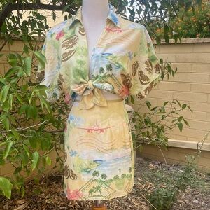 Forever 21 Tropical Hawaiian Print Button Up Shirt &‎ Skirt Set